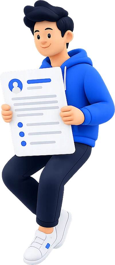 3D character holding a country-ready resume